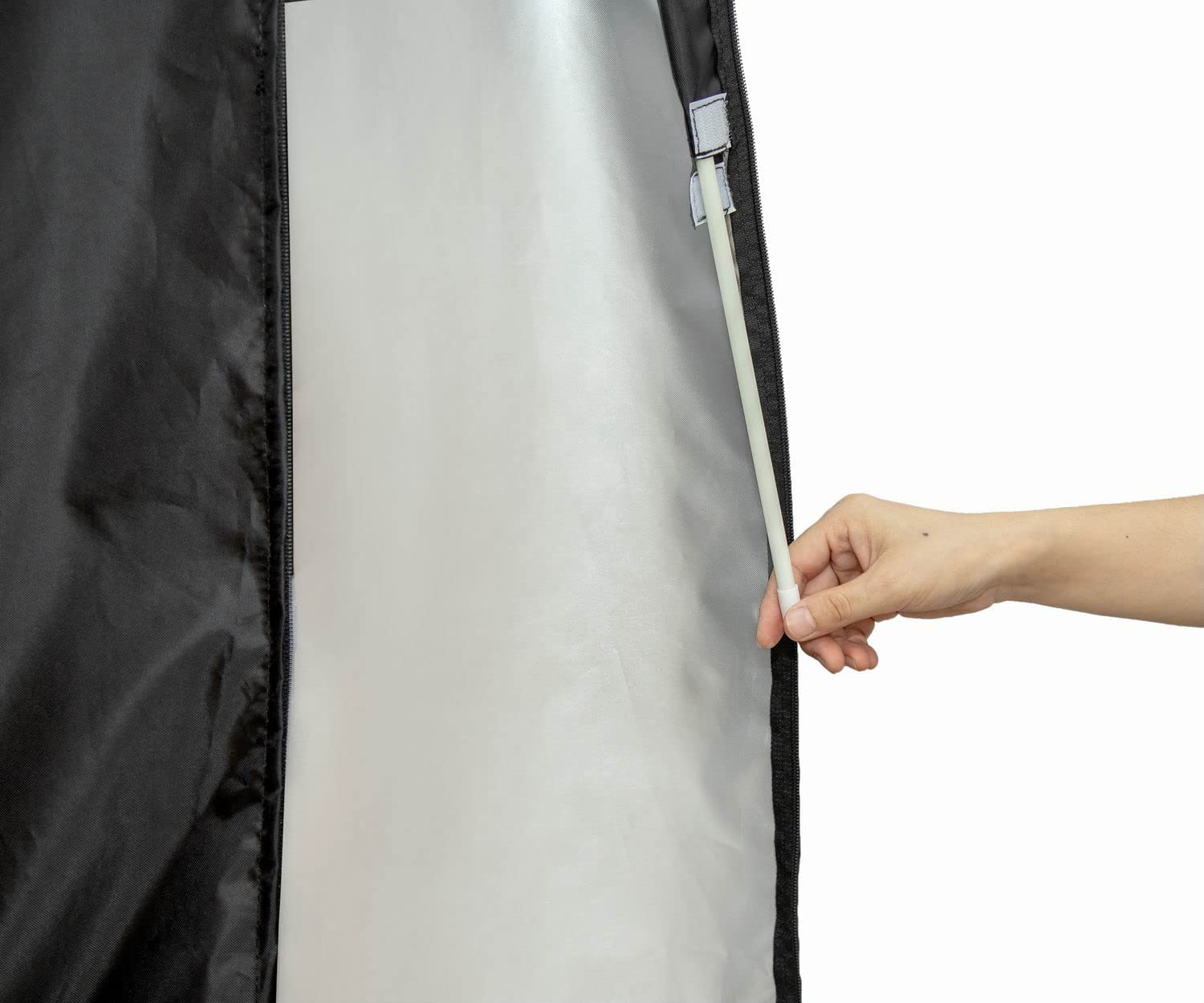 Garden Balsam umbrella cover storage fold demonstrates compact, space-saving design.