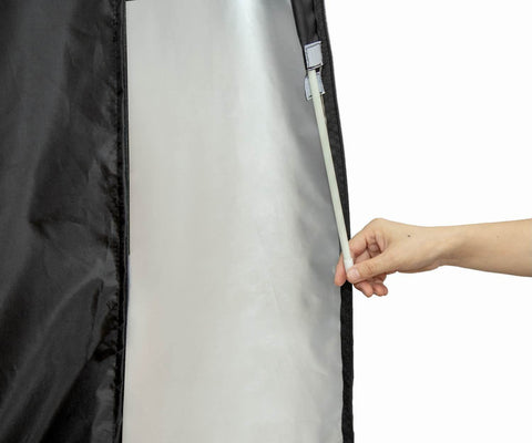Garden Balsam umbrella cover storage fold demonstrates compact, space-saving design.