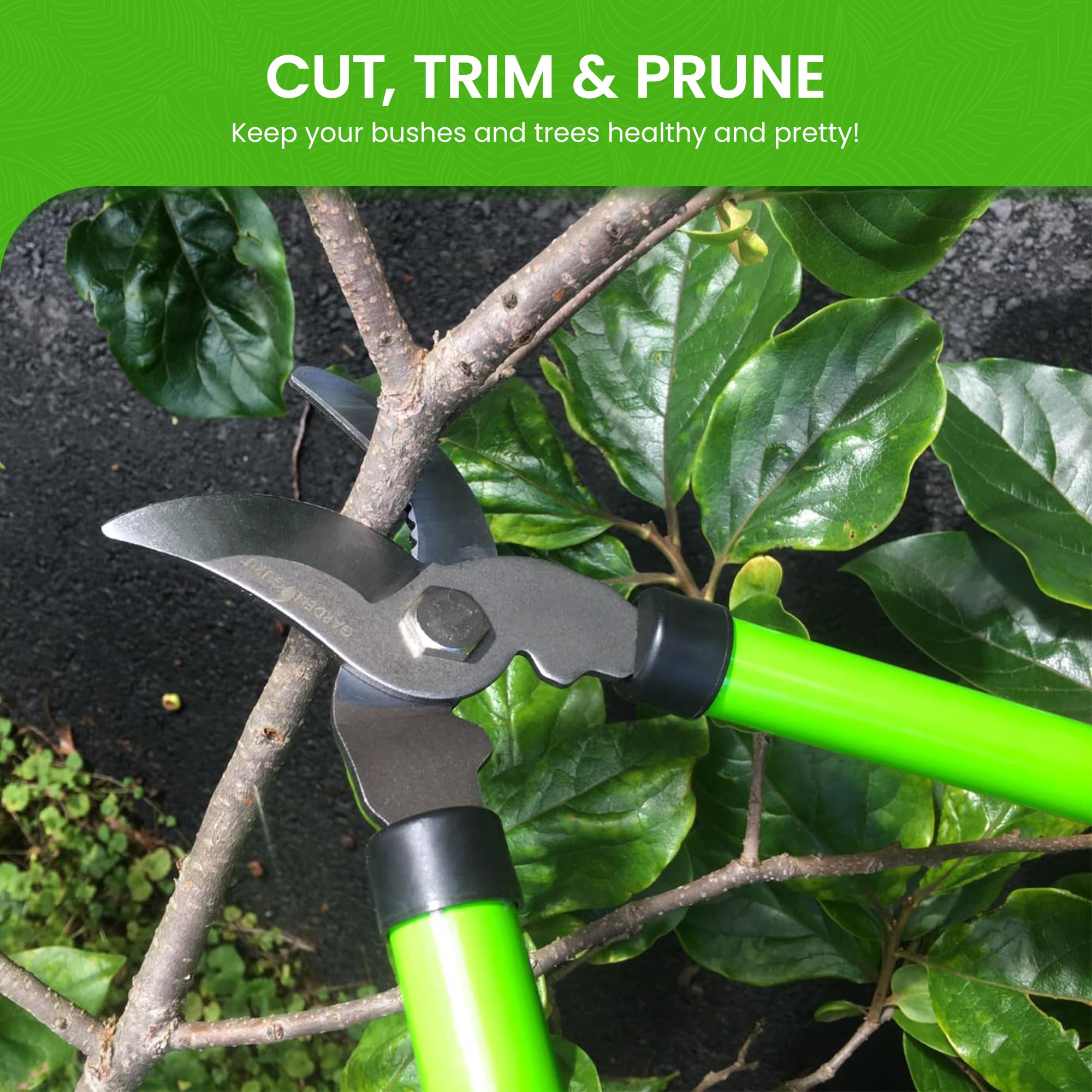 Garden Guru Bypass Loppers comfort grip handles reduce hand fatigue during pruning.