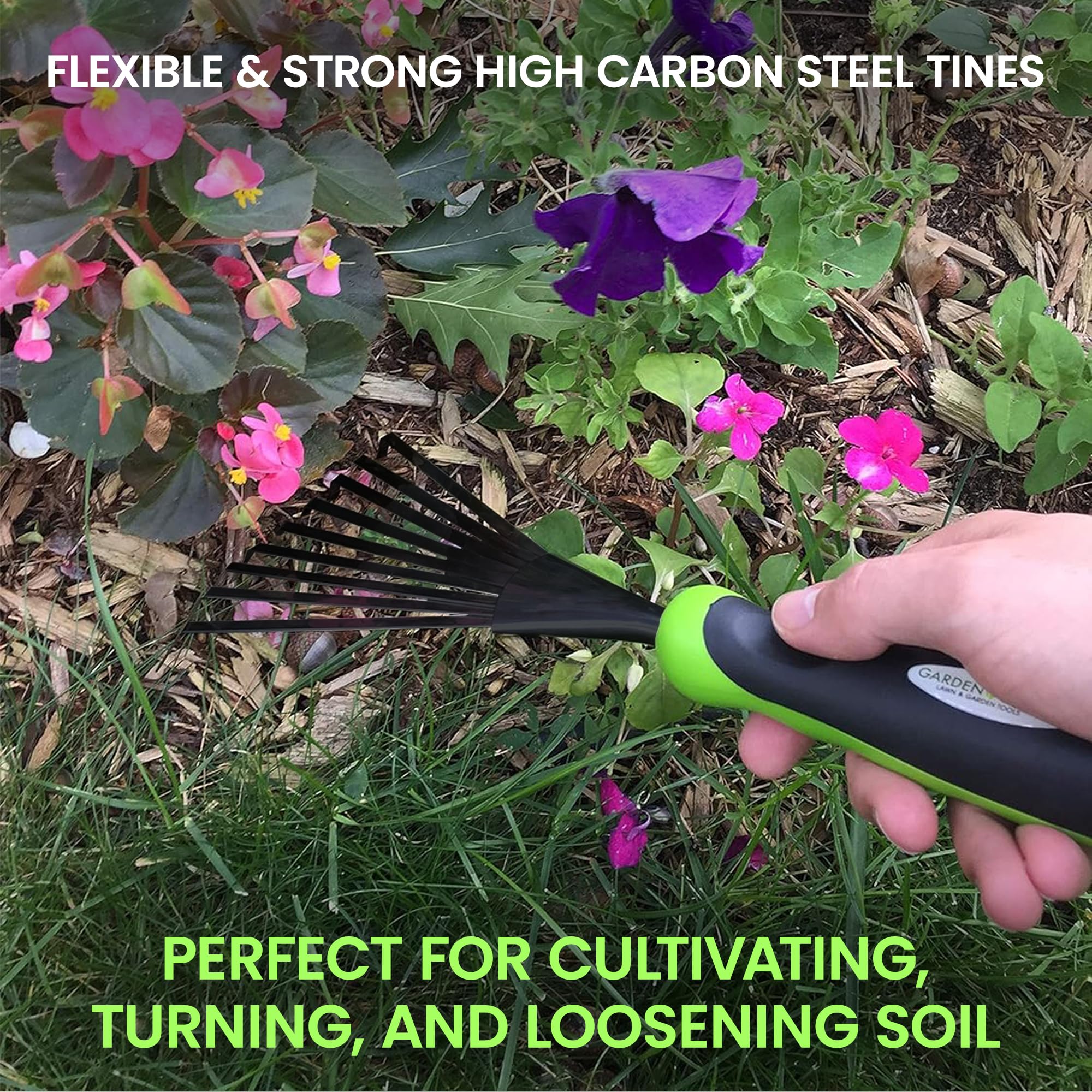 Garden Guru carbon steel tines close-up showing durability