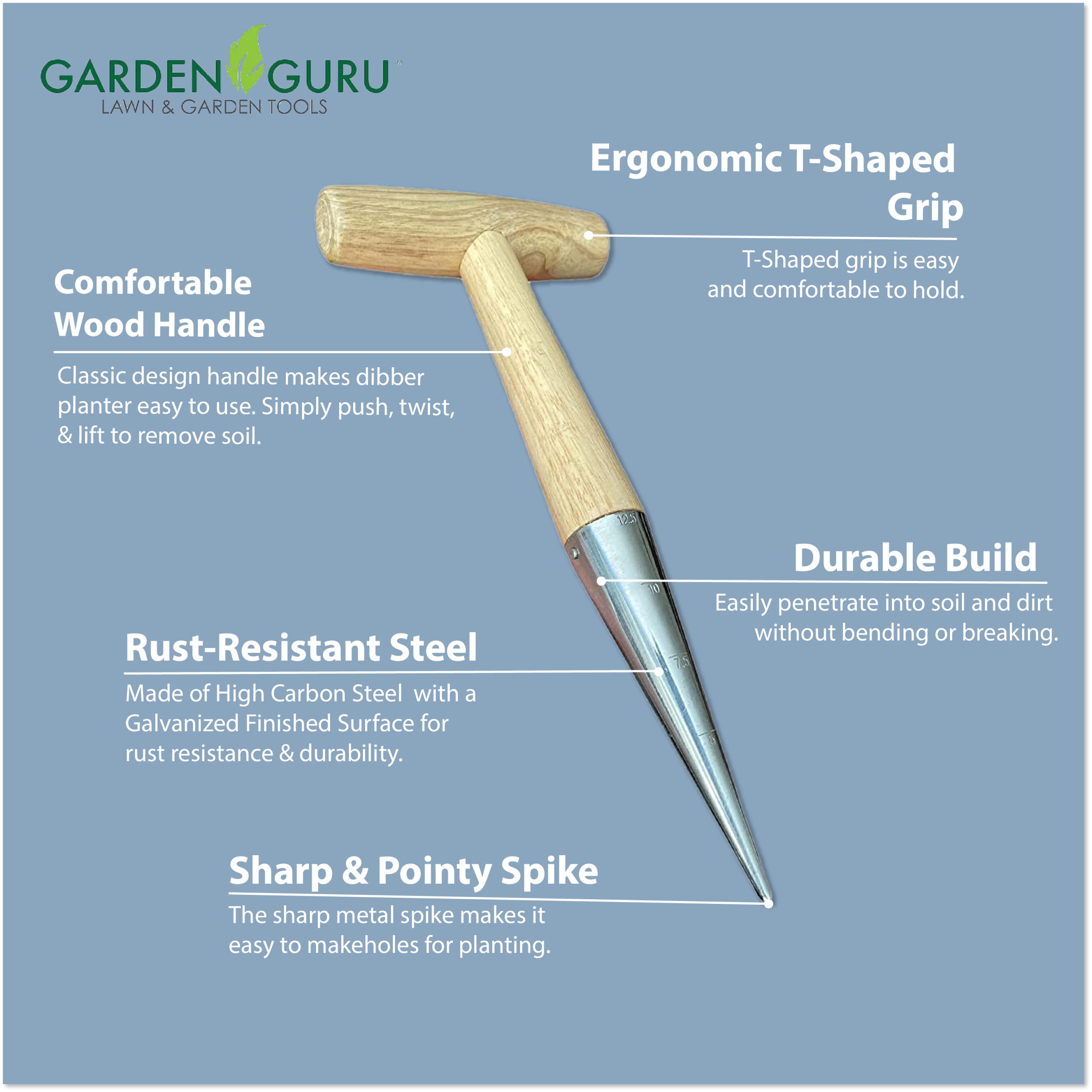 Garden Guru dibber showing galvanized finish for rust resistance.