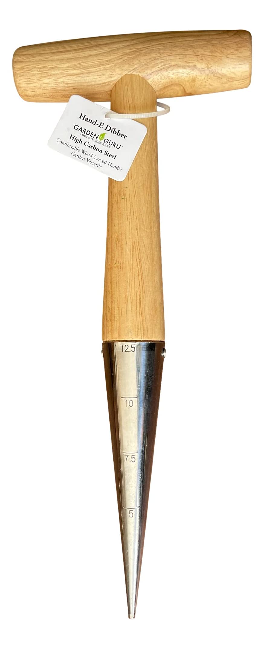 Garden Guru dibber with carved wood handle for comfortable use.