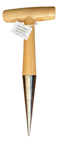 Garden Guru dibber with carved wood handle for comfortable use.