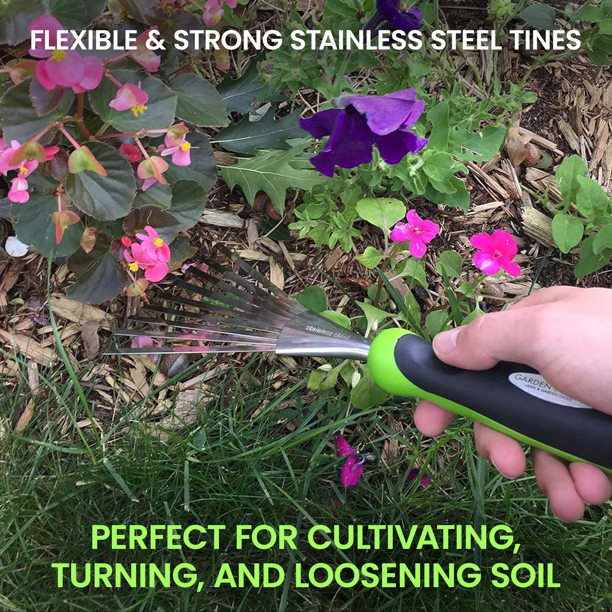 Garden Guru ergonomic grip eases raking for longer gardening sessions