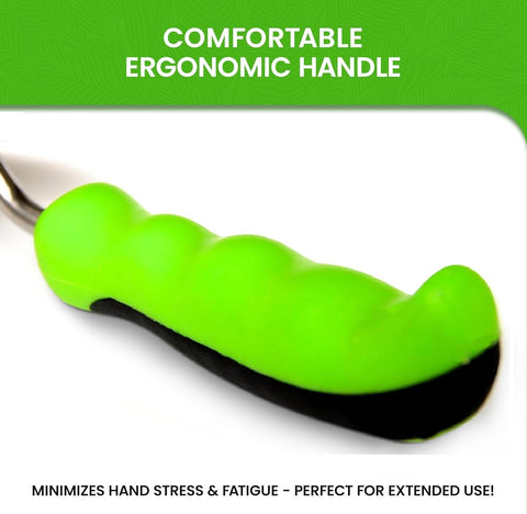 Garden Guru ergonomic handle with thumb rest reduces hand fatigue.