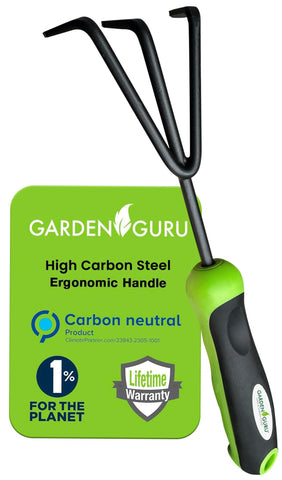 Garden Guru Hand Cultivator with 3 tines for easy soil loosening and weeding.