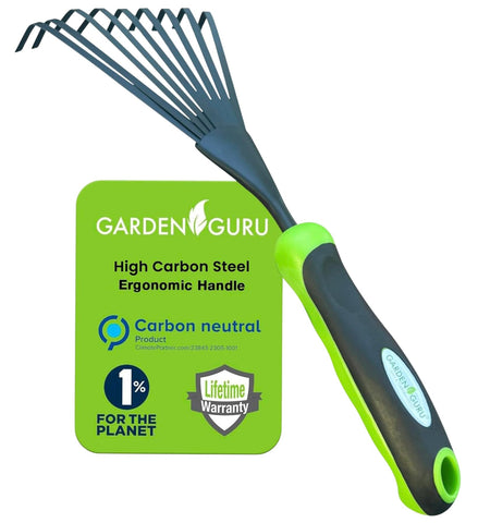 Garden Guru hand rake with five tines for soil cultivation