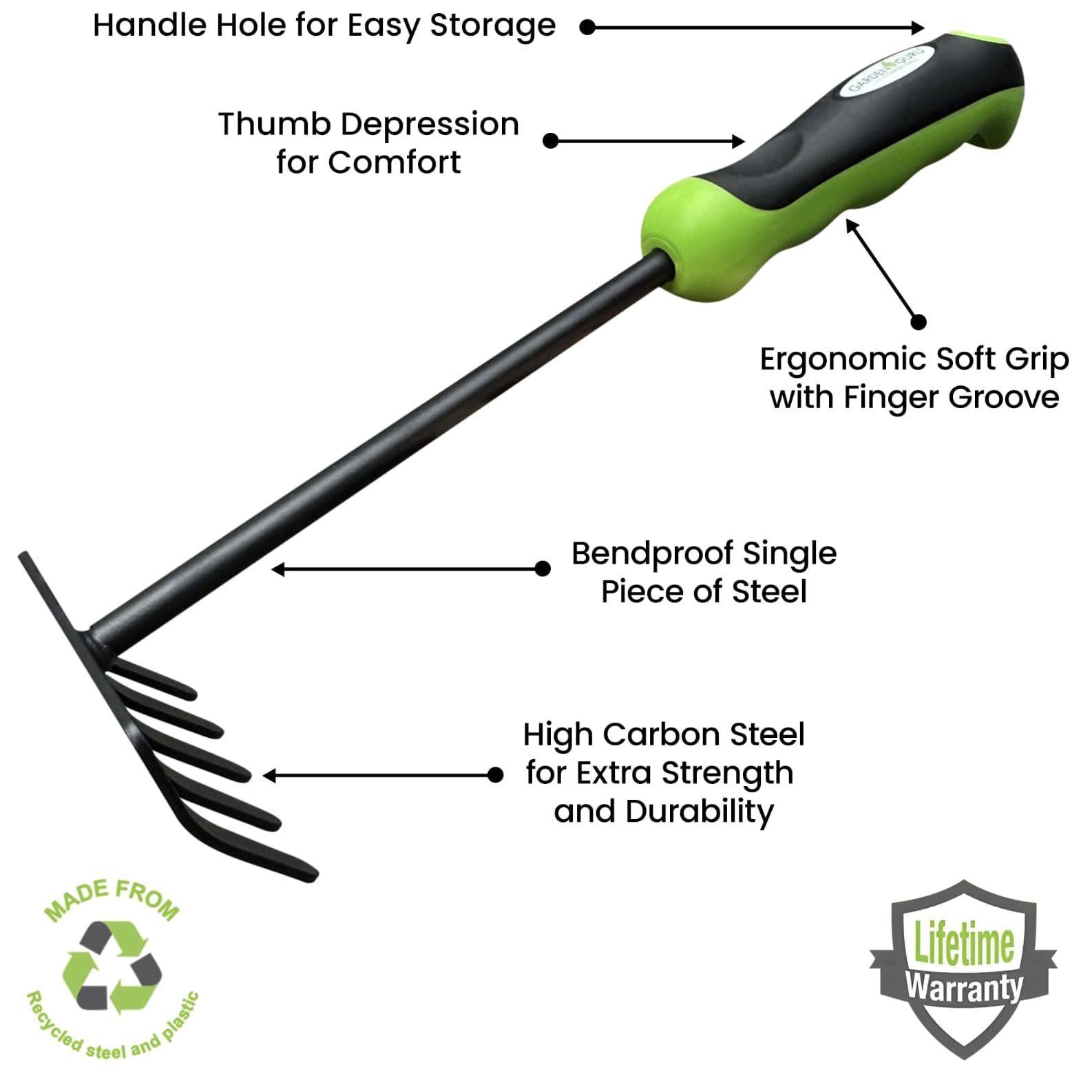 Garden Guru Hand Rake ergonomic grip reduces hand fatigue during digging.
