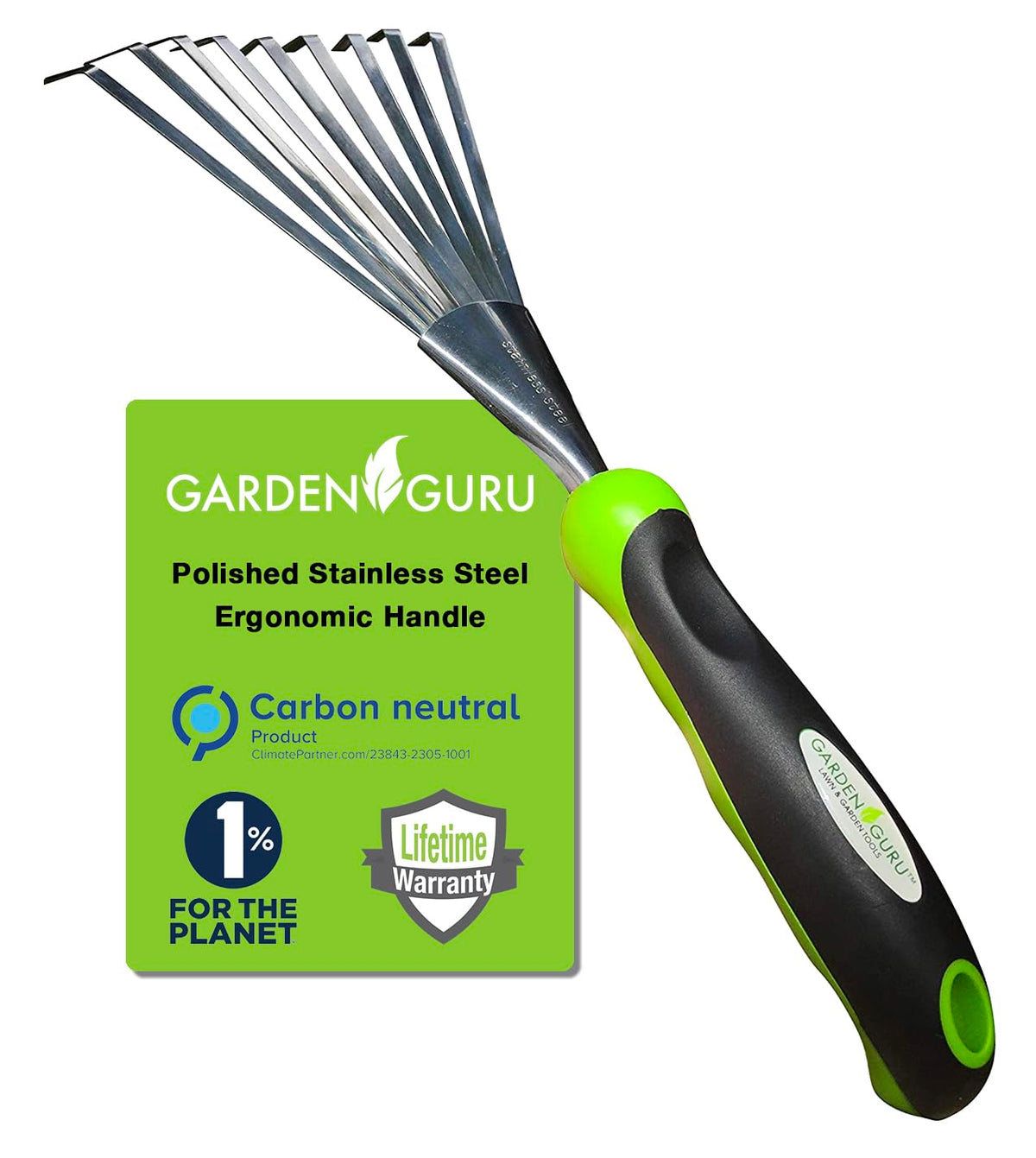Garden Guru hand rake stainless steel for precise bed work and easy soil loosening