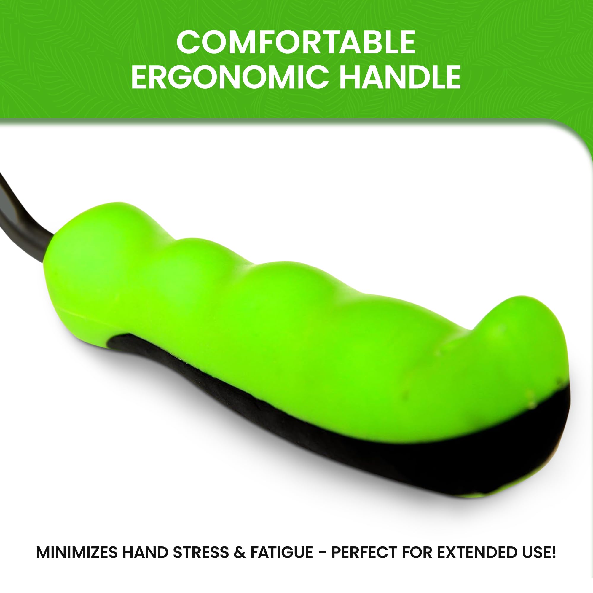 Garden Guru Hand Rake with large storage hole for easy hanging.