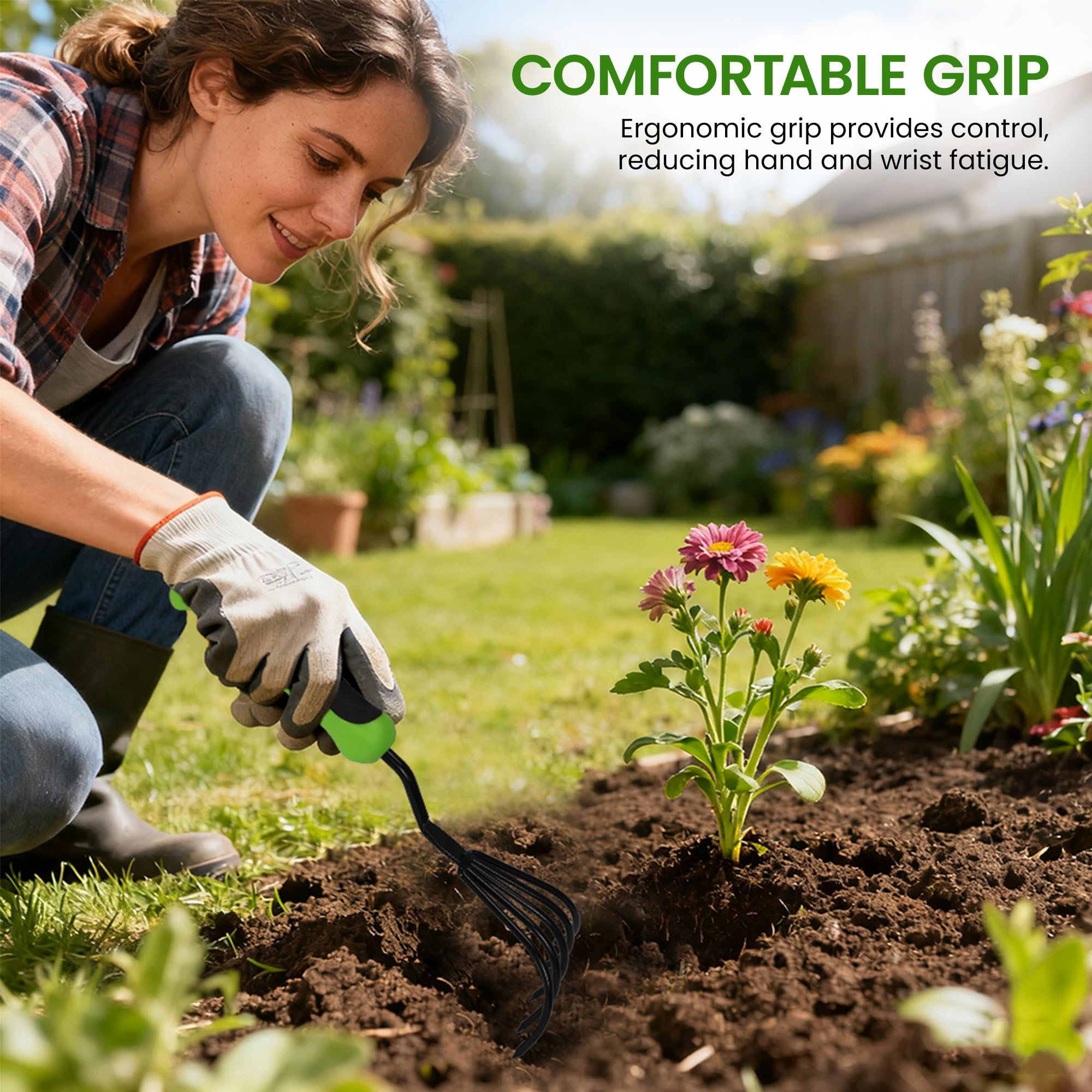 Garden Guru hand tool in use in a flower bed among plants.