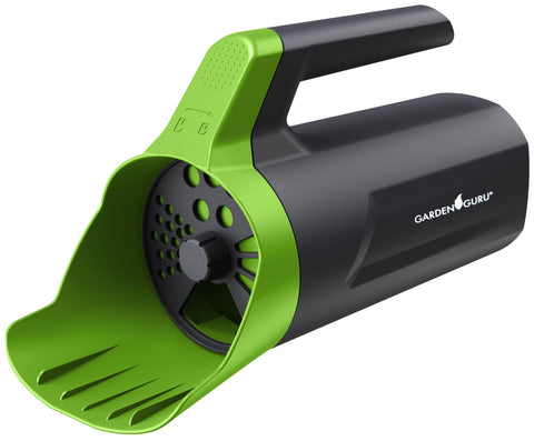 Garden Guru handheld seed spreader top view showing precise, even distribution for lawns