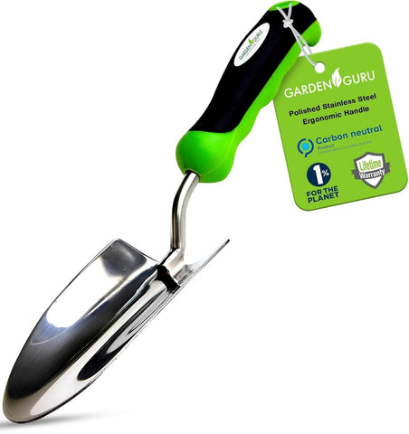Garden Guru heavy duty trowel blade close-up showing rust-resistant stainless steel.