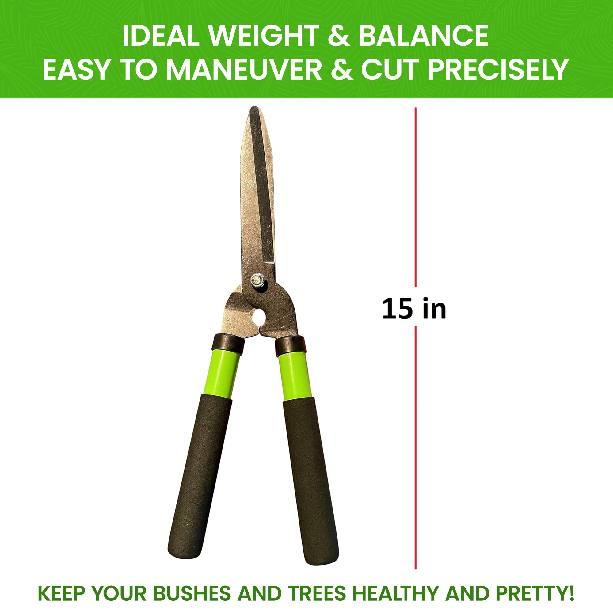 Garden Guru hedge shears handle with comfort grip enables easy trimming for any hand size.