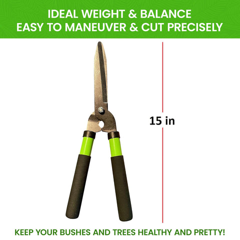 Garden Guru hedge shears handle with comfort grip enables easy trimming for any hand size.