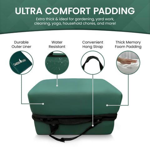 Garden Guru kneeler pad on knee demonstrates ergonomic support for long yard tasks.