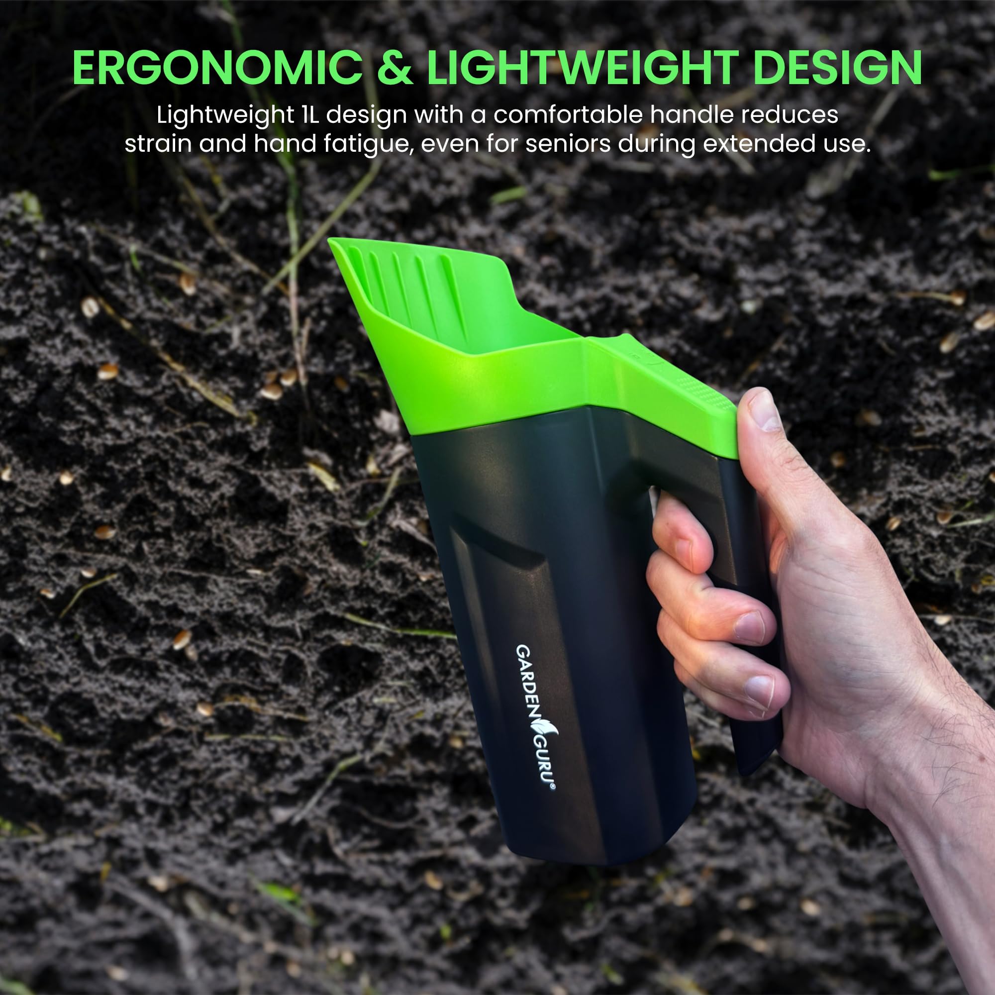 Garden Guru lightweight 1L hand seeder in use for easy, fatigue-free gardening