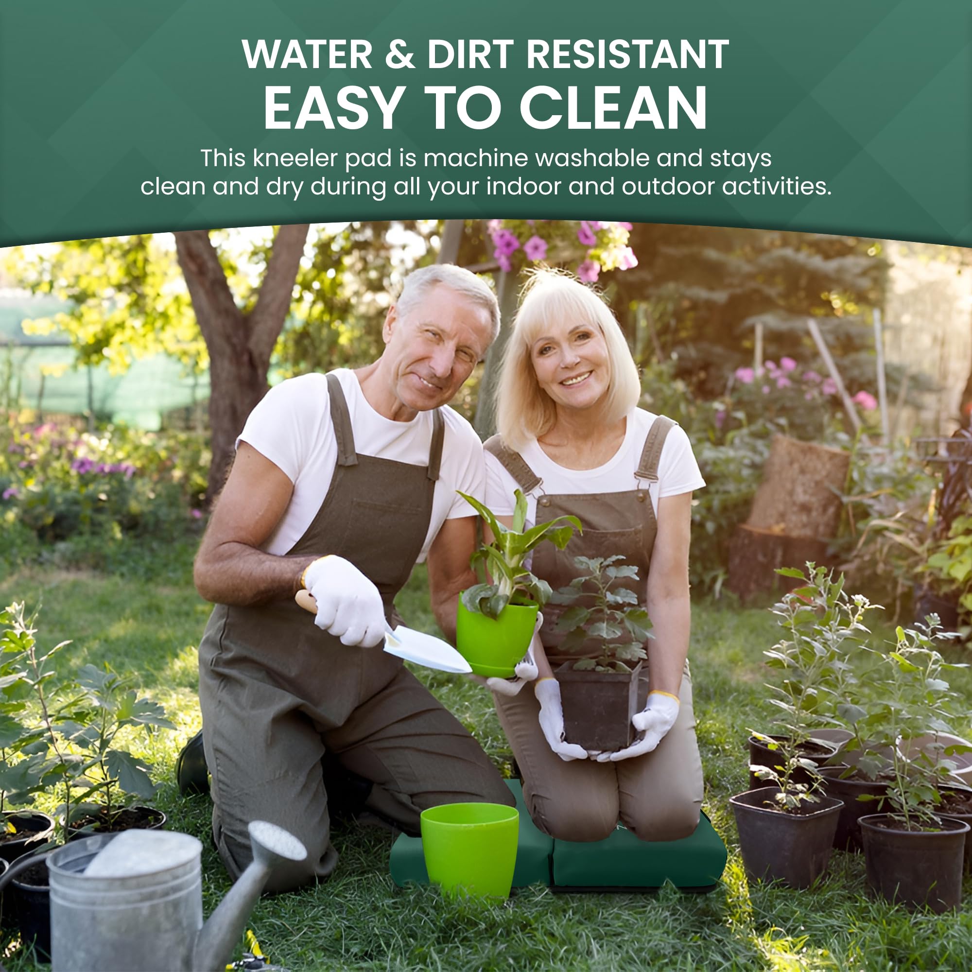 Garden Guru kneeler pad is machine washable for easy cleanup after gardening.