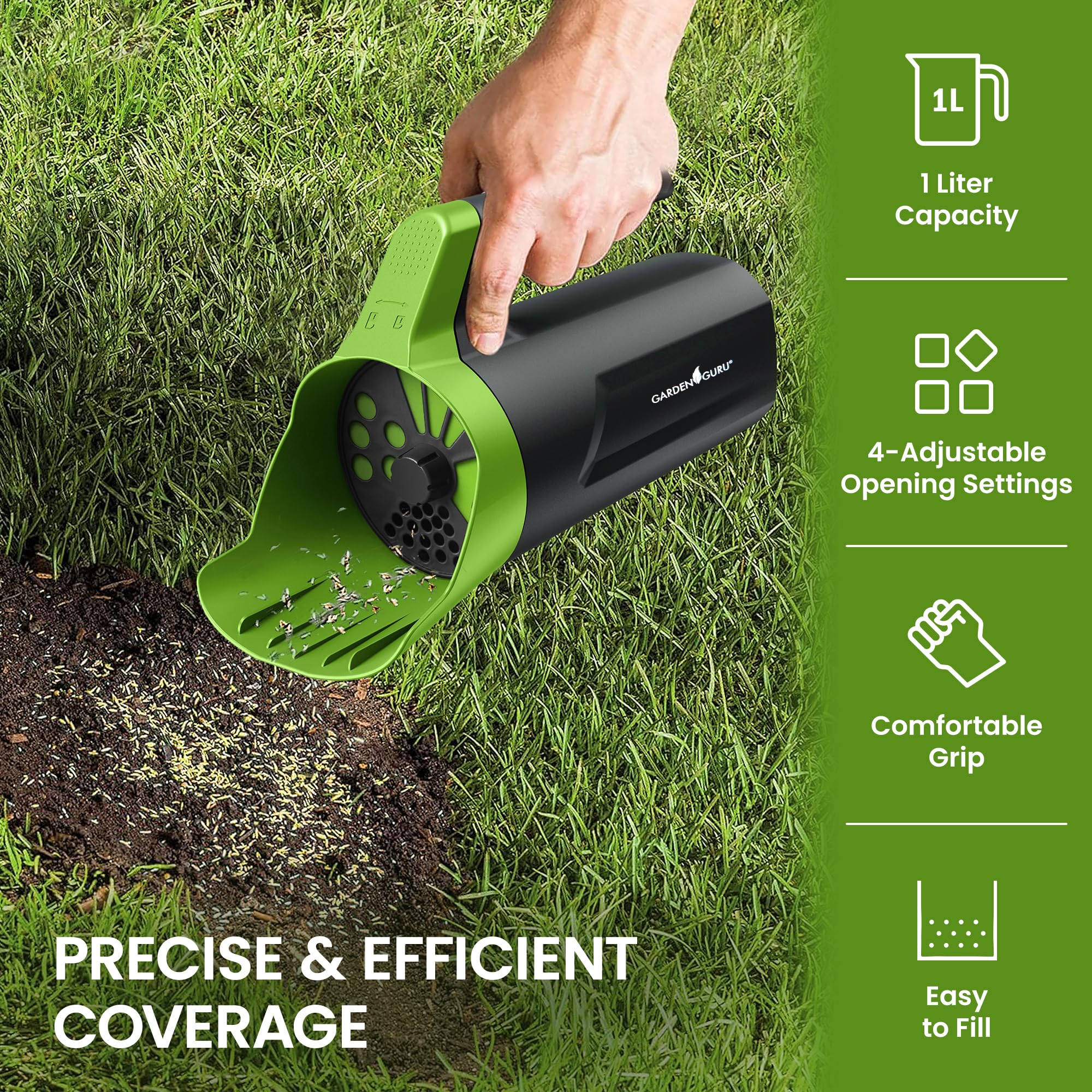 Garden Guru multi-use spreader cap openings demonstrating adjustable flow for various granules