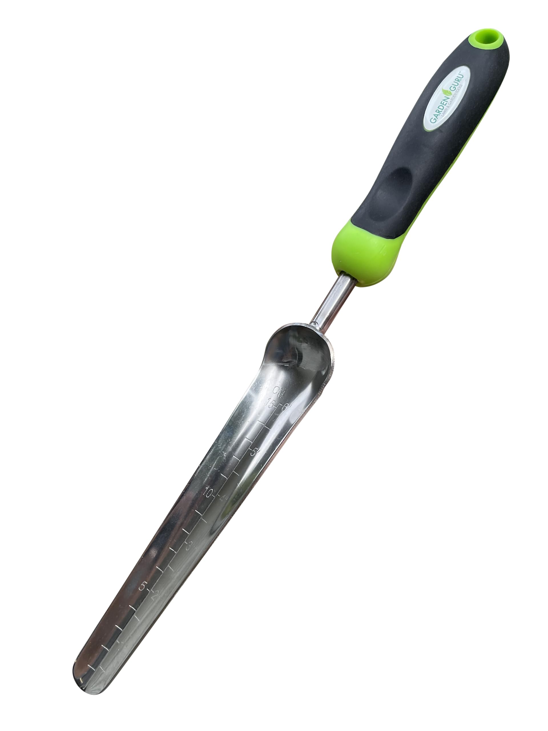 Garden Guru seed planting shovel blade close-up for precise placement in tight spaces.