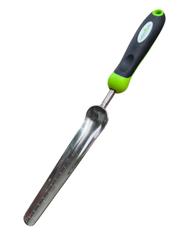 Garden Guru seed planting shovel blade close-up for precise placement in tight spaces.