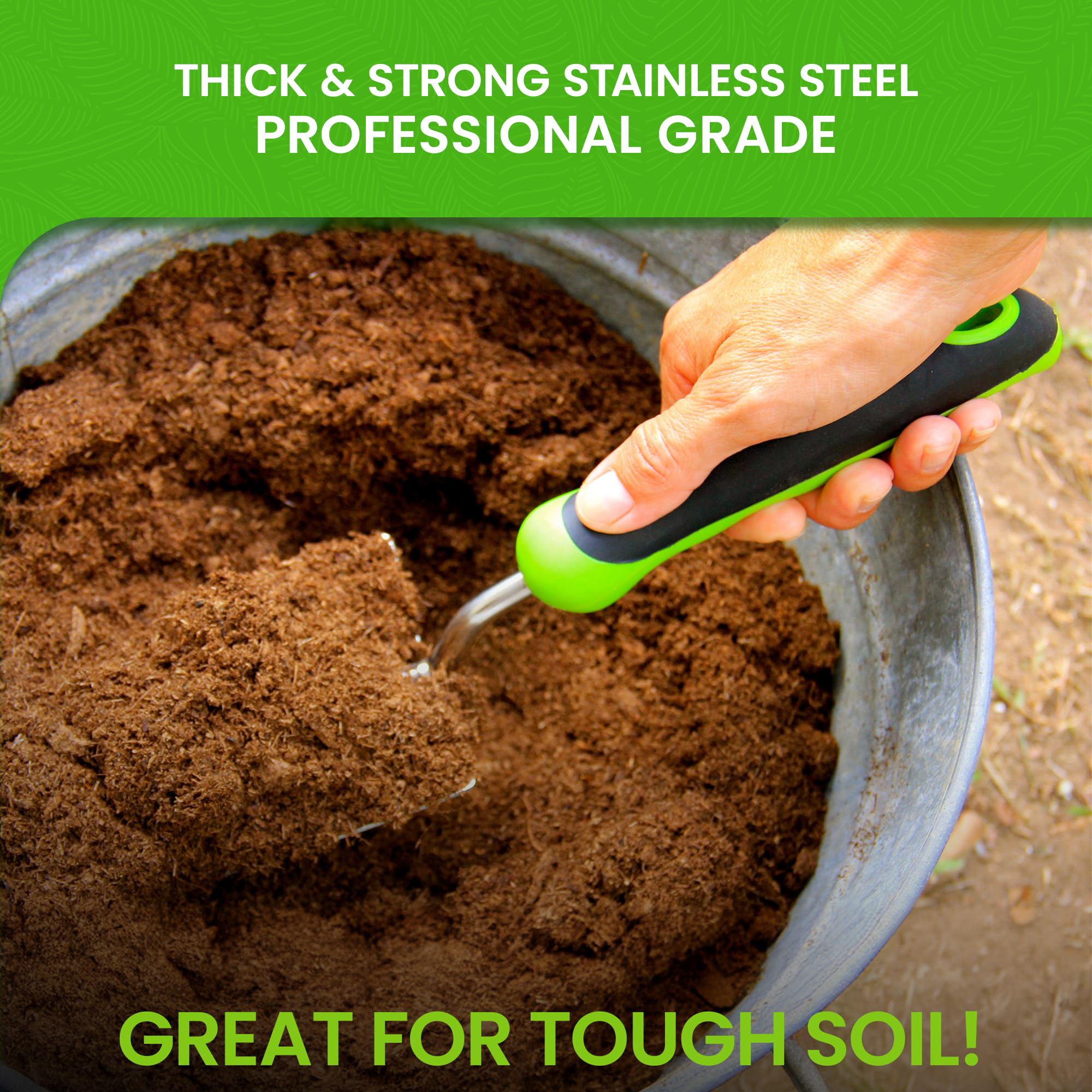 Garden Guru trowel ergonomic handle with thumb rest for comfortable, extended digging.