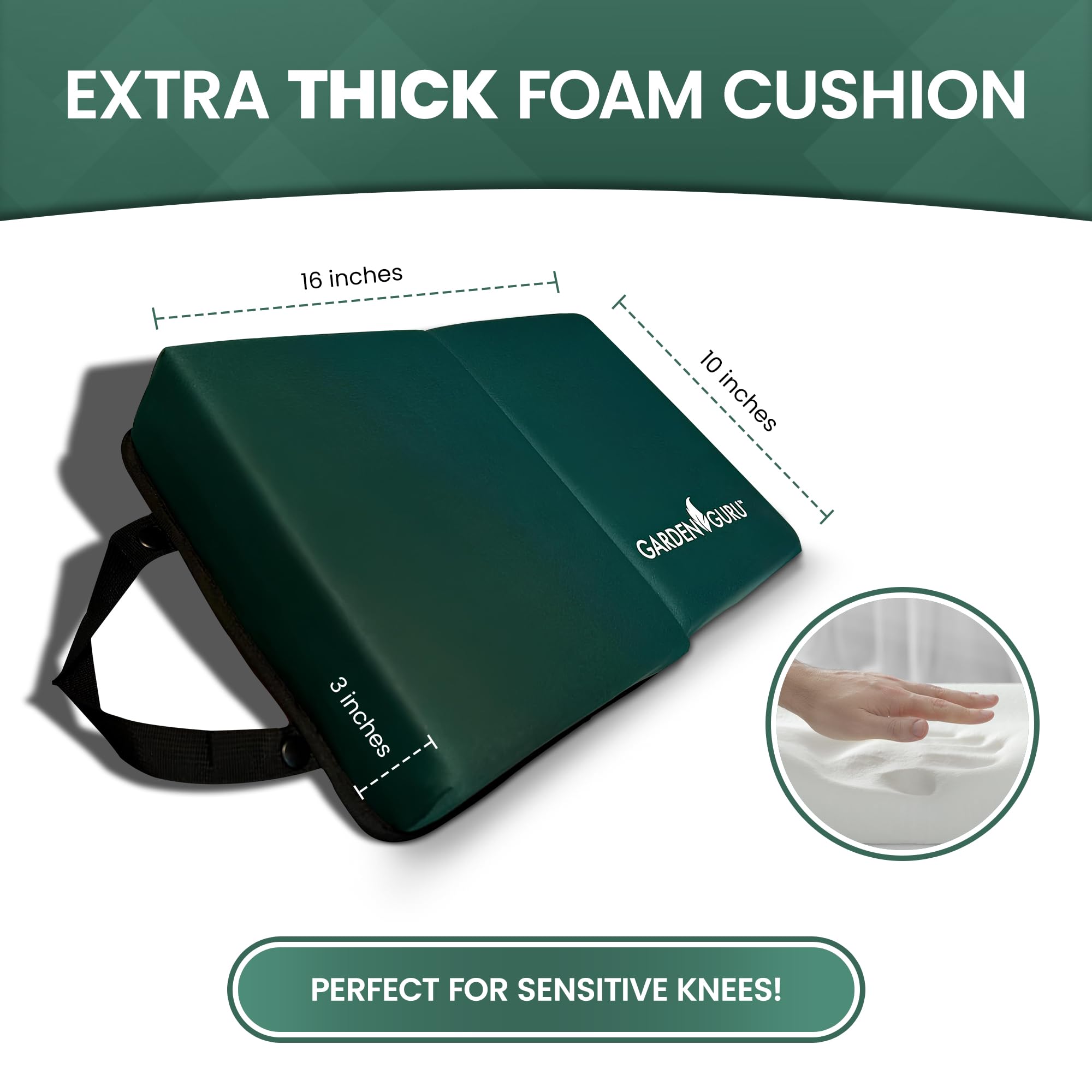 Garden Guru kneeler pad with water and dirt resistant cover protects knees in wet conditions.