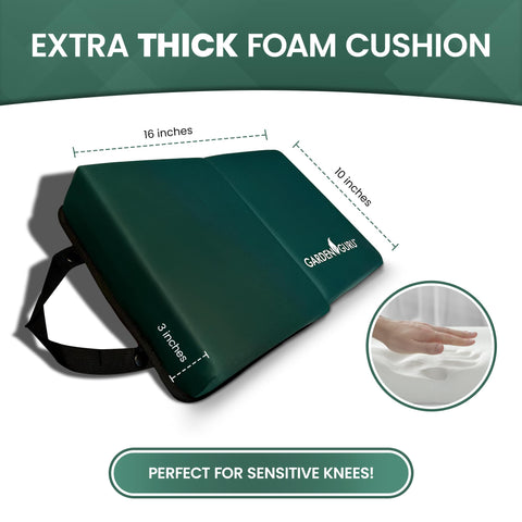 Garden Guru kneeler pad with water and dirt resistant cover protects knees in wet conditions.