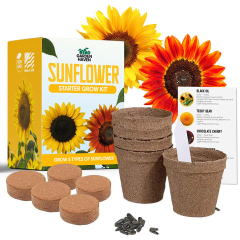 Garden Haven sunflower seed growing kit packaging shows an all-in-one beginner setup.