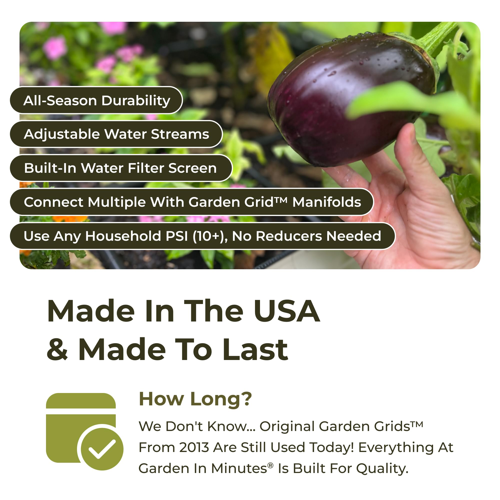 Garden In Minutes Garden Grid emitter-free design reduces maintenance compared to drip kits.