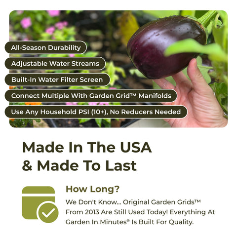 Garden Grid hose connection for easy, standard hose compatibility