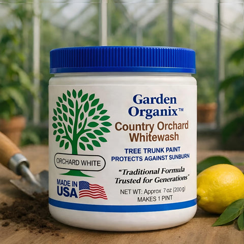 Garden Organix Country Orchard Whitewash Sun Shield brush on trunks for even coverage