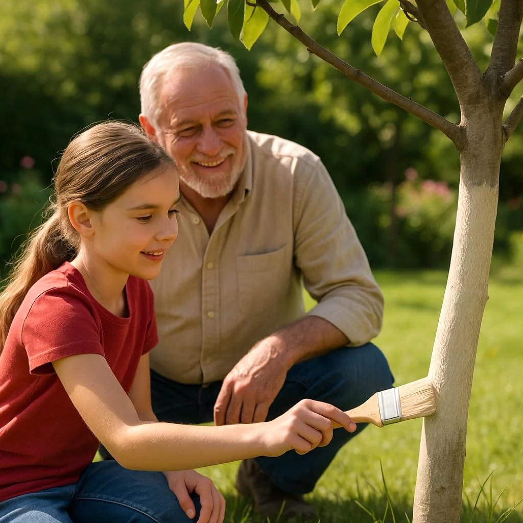 Garden Organix Sun and Pest Shield trunk application shows protective coating on bark.