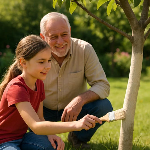 Garden Organix Sun and Pest Shield trunk application shows protective coating on bark.