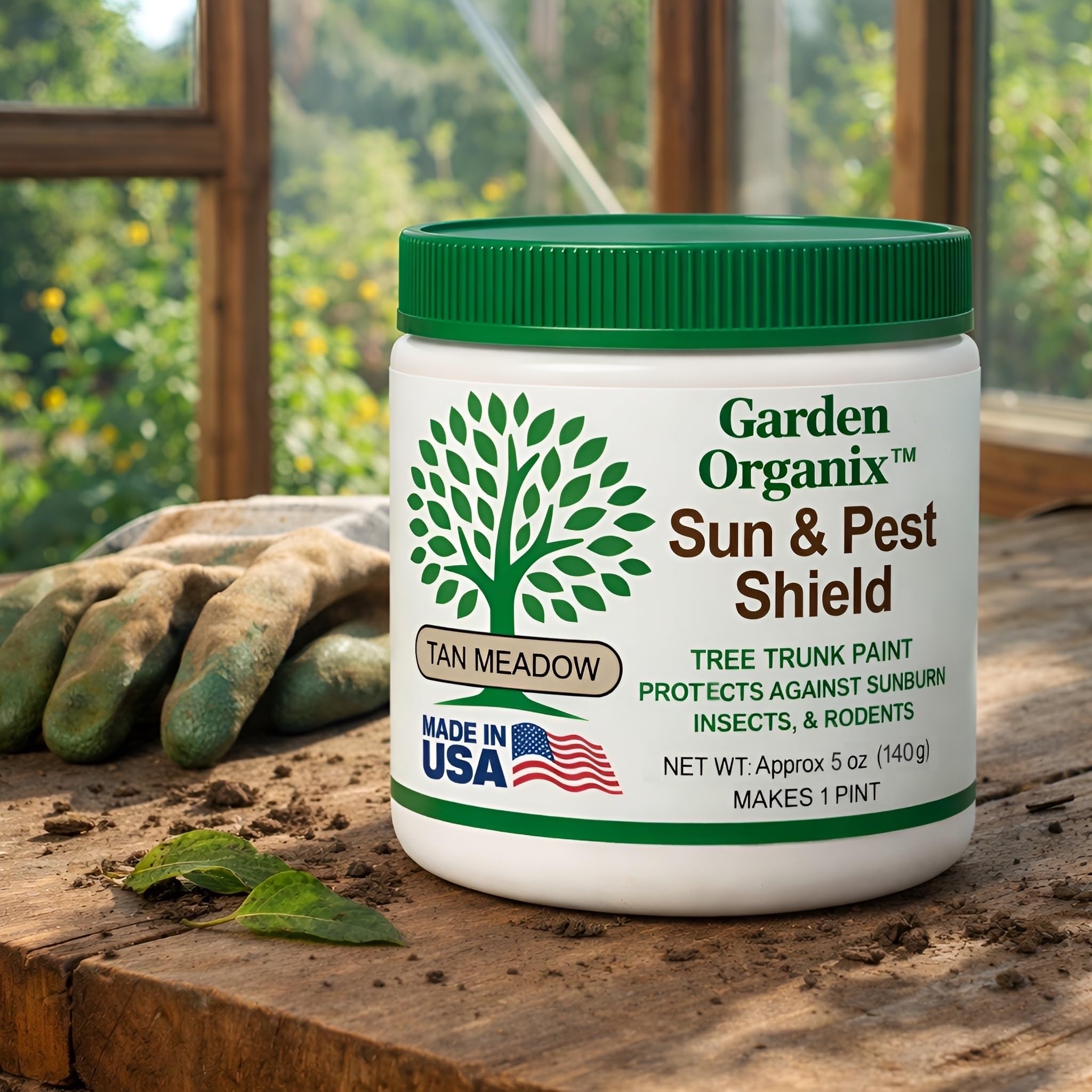 Garden Organix Sun and Pest Shield tree paint closeup highlights mineral clay formula.