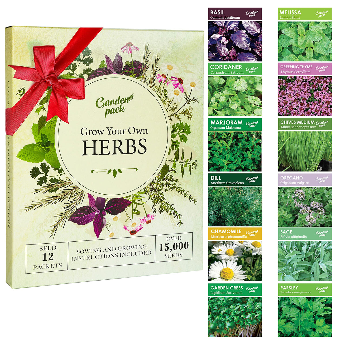 Garden Pack 12 herb seed packets in a box for convenient home gardening.