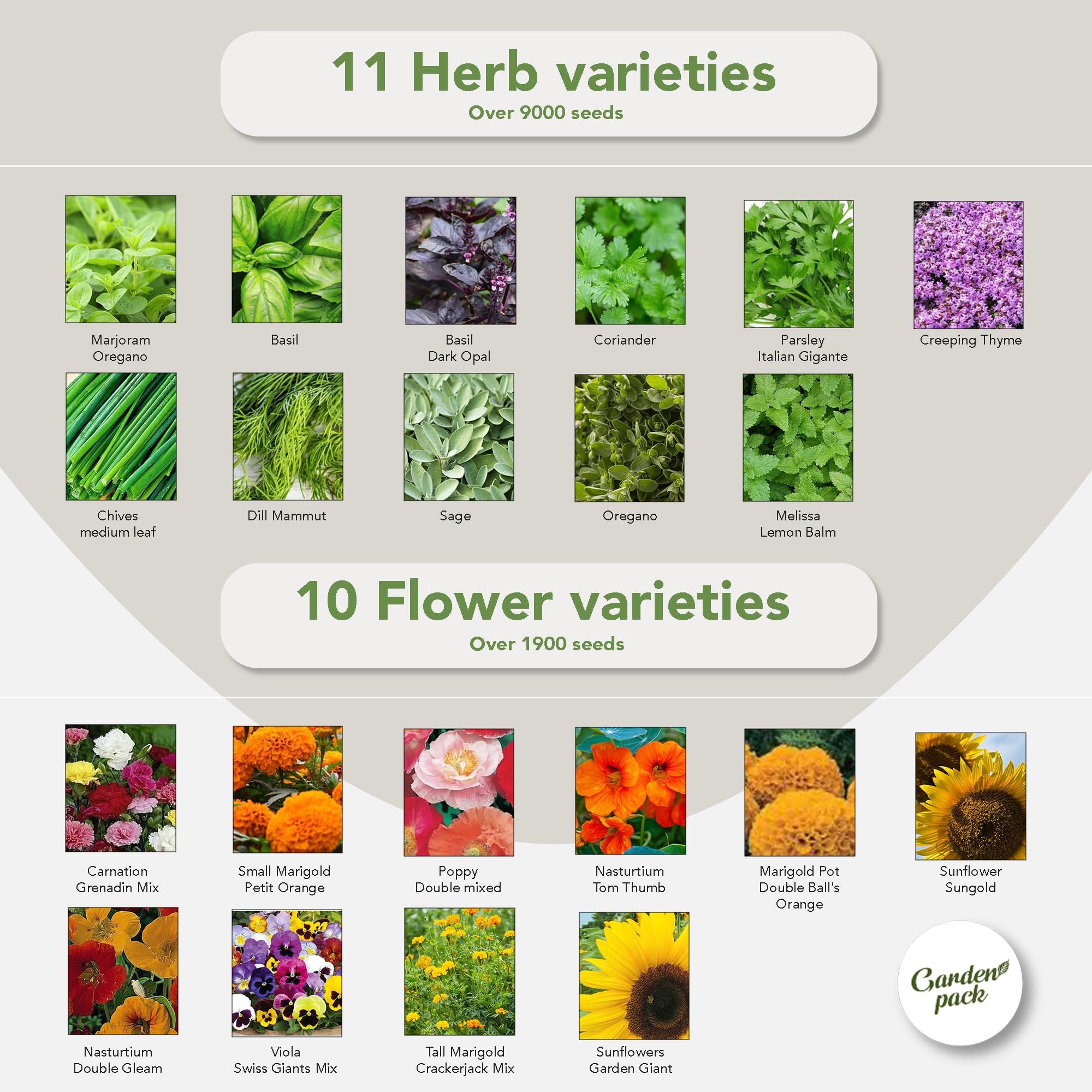 Garden Pack Non-GMO Seeds 99 purity for healthy sprouting.