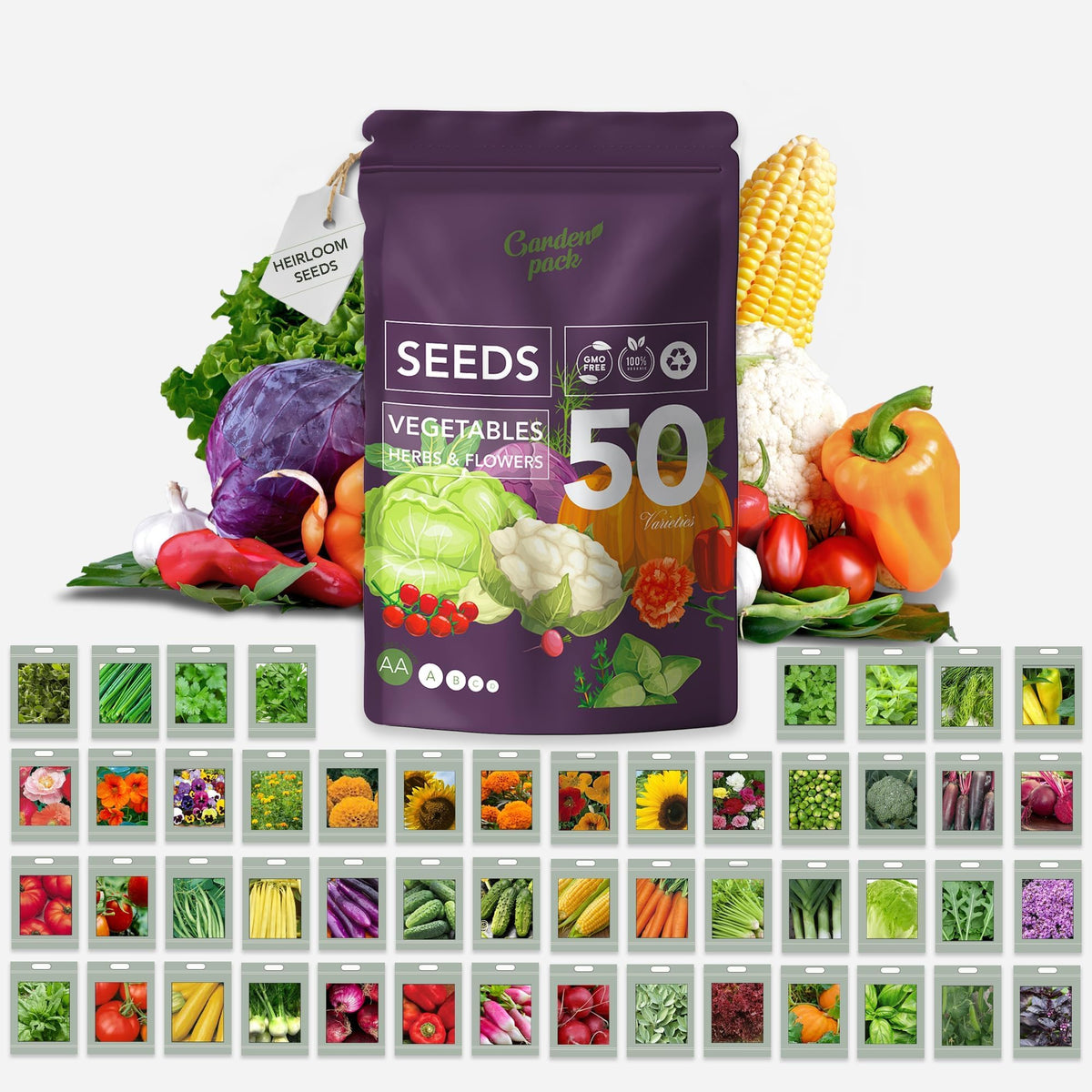 Garden Pack Seeds Pouch with 50 varieties for a diverse home garden.