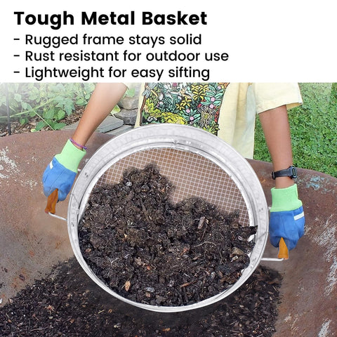 Garden sieve with ergonomic wood handle reduces fatigue during screening.