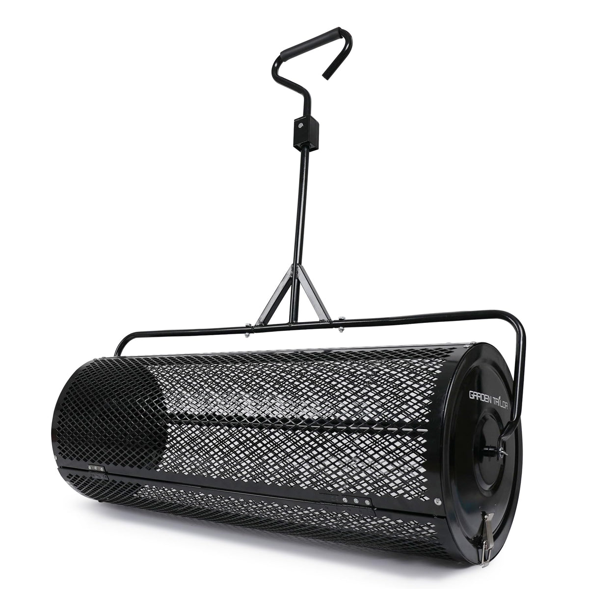 Garden Tailor compost spreader 44-inch basket distributes compost evenly for uniform lawn topdressing.