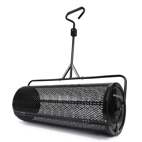 Garden Tailor compost spreader 44-inch basket distributes compost evenly for uniform lawn topdressing.