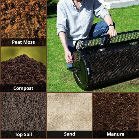 Garden Tailor compost spreader 44-inch in use on a lawn demonstrates even coverage.