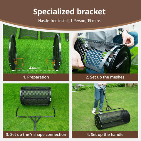 Garden Tailor compost spreader 44-inch metal mesh basket crushes clumps for smooth rolling.