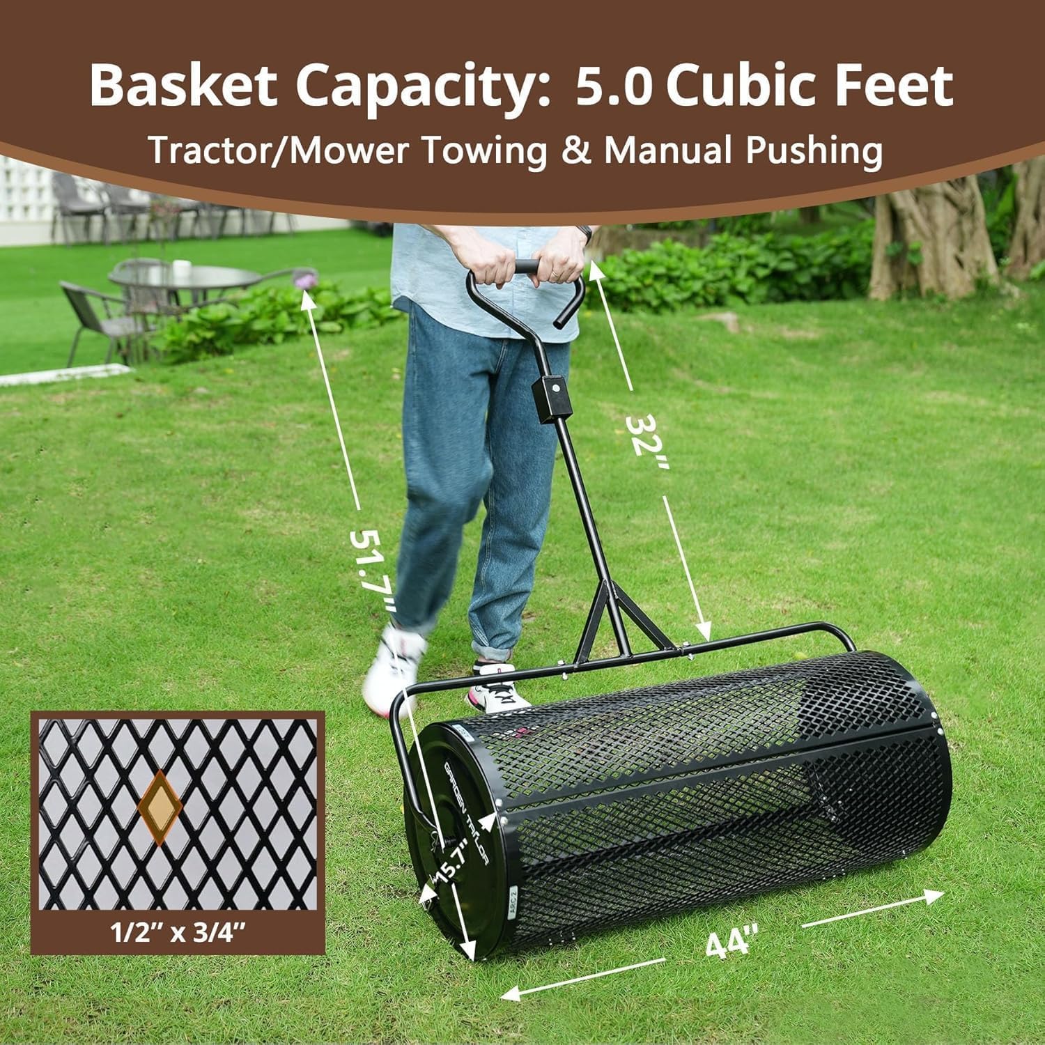 Garden Tailor compost spreader 44-inch side latches ease movement on slopes and uneven surfaces.