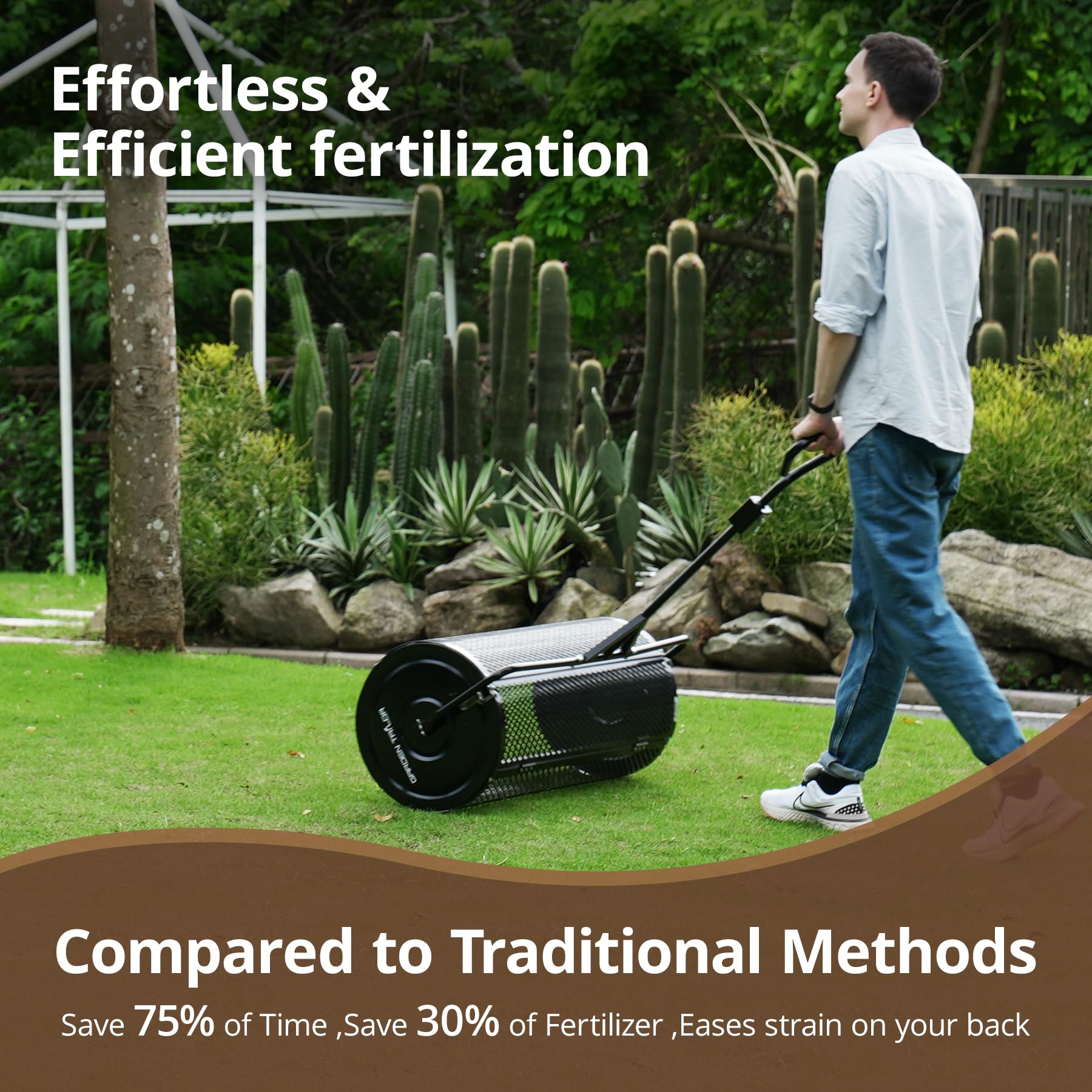 Garden Tailor compost spreader 44-inch tow hitch ensures simple tractor or mower operability.