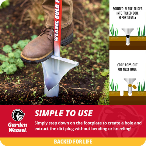 GARDEN WEASEL bulb planter ejects soil plugs to cover bulbs quickly