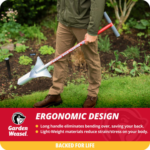 GARDEN WEASEL bulb planter ergonomic footplate minimizes bending and strain