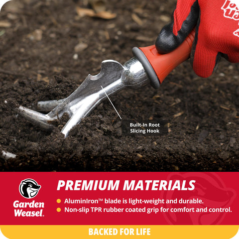 Garden Weasel cultivator side ergonomic handles for comfortable use.