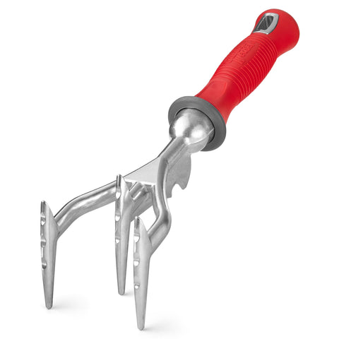Garden Weasel double-sided cultivator front view showing sturdy construction for easy soil prep.