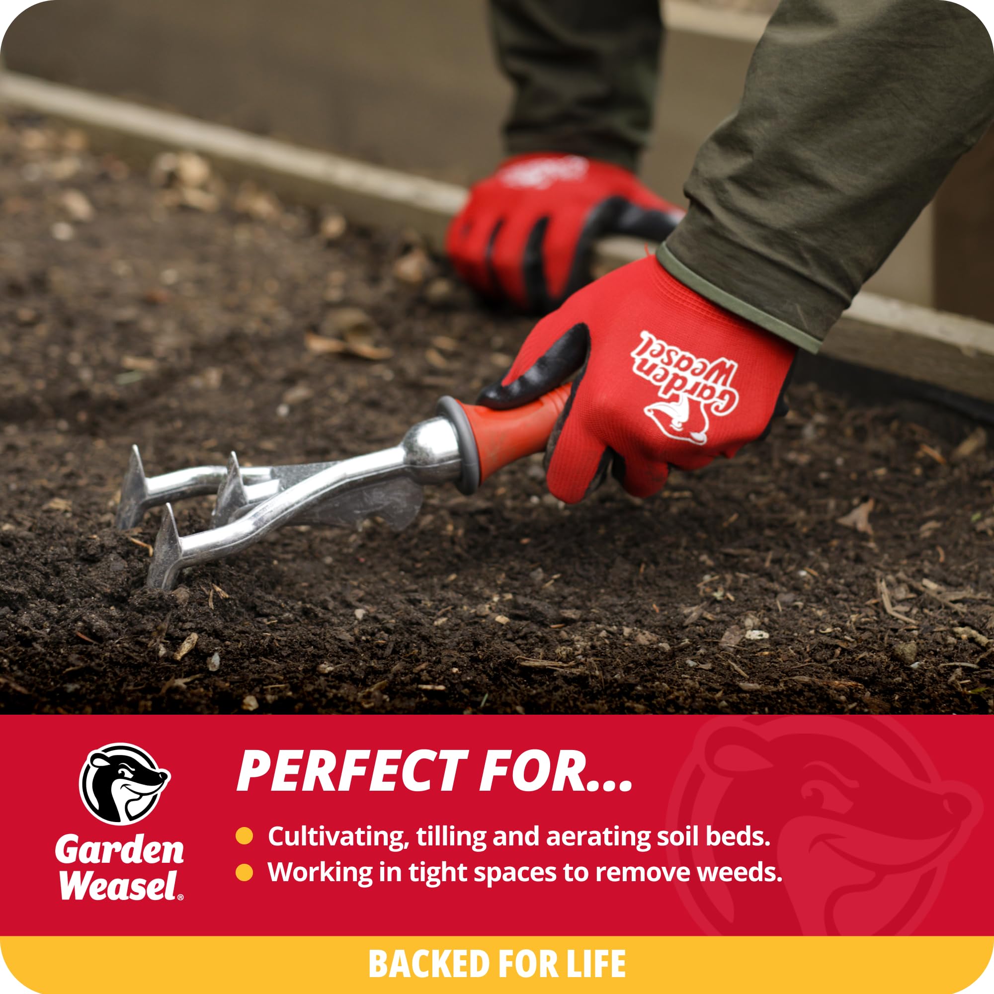 Garden Weasel double-sided cultivator tines in action breaking up compacted soil.